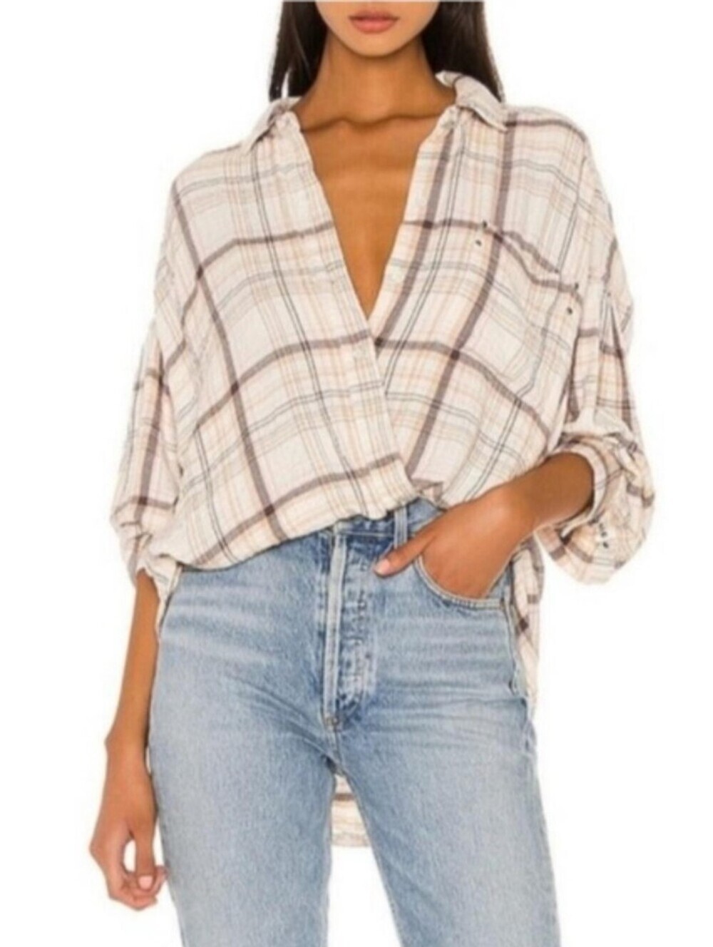 Free People Hidden Valley Plaid Shirt in Cream, Taupe Soft Pink Oversized